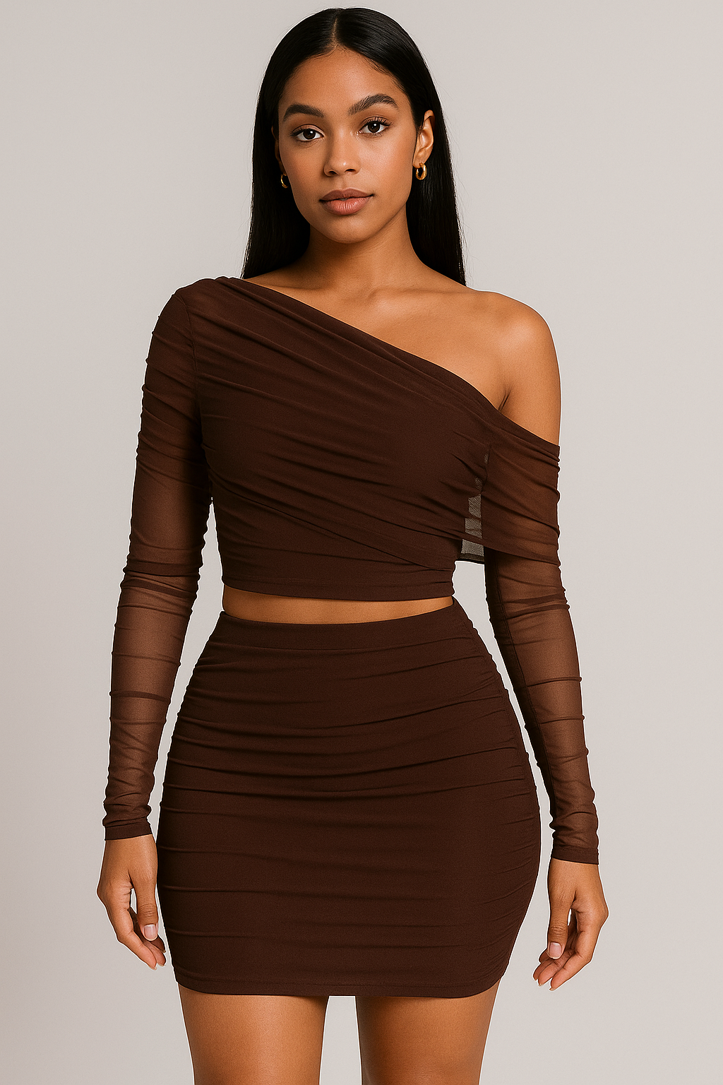 Asymmetrical Mesh Top & Mini Skirt Set
